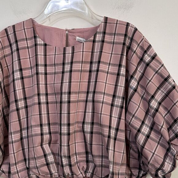 English Factory Puff Sleeve Crop Top M Pink Plaid Voluminous Trendy Summer NEW - Picture 3 of 11